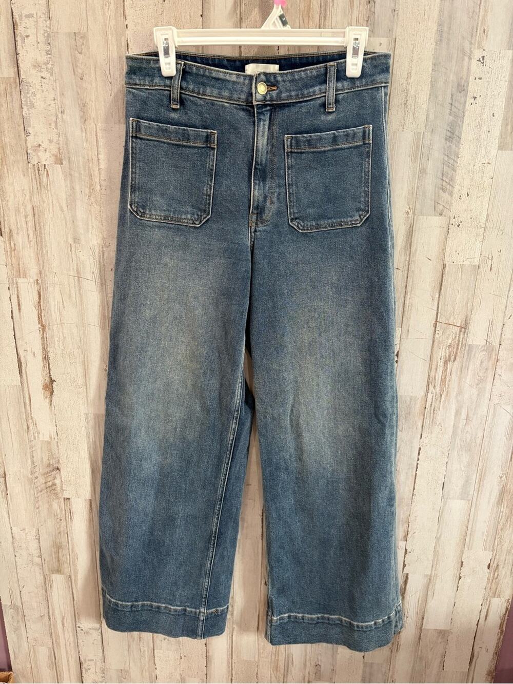 H&M Wide Leg Jeans Women’s US 8 Blue High Rise Denim Patch Pockets Streetwear